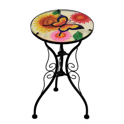 Geezy Garden Glass & Iron Round Coffee Table Flowers And Butterfly Mosaic Design Patio - image 1
