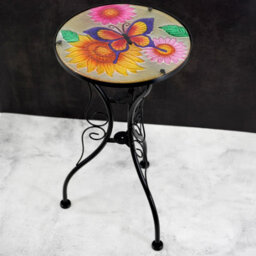 Geezy Garden Glass & Iron Round Coffee Table Flowers And Butterfly Mosaic Design Patio - thumbnail 5