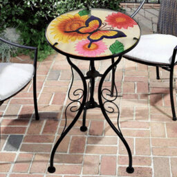 Geezy Garden Glass & Iron Round Coffee Table Flowers And Butterfly Mosaic Design Patio - thumbnail 2