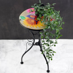 Geezy Garden Glass & Iron Round Coffee Table Flowers And Butterfly Mosaic Design Patio - thumbnail 4