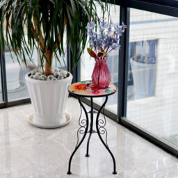 Geezy Garden Glass & Iron Round Coffee Table Flowers And Butterfly Mosaic Design Patio - thumbnail 3
