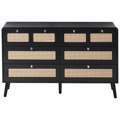 Wyld And Coco Boho Chest Of Drawers Black Mdf, Six Drawers With Woven Rattan Fronts, W120 X D40 X H74Cm - image 1