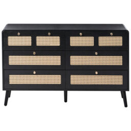 Wyld And Coco Boho Chest Of Drawers Black Mdf, Six Drawers With Woven Rattan Fronts, W120 X D40 X H74Cm - thumbnail 1