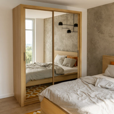 Bono Sz150 Wardrobe With Sliding Doors Mirrors Hanging Rail Shelves Modern Bedroom Storage Artisan Oak - image 1
