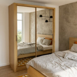Bono Sz150 Wardrobe With Sliding Doors Mirrors Hanging Rail Shelves Modern Bedroom Storage Artisan Oak - thumbnail 1