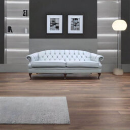 Chesterfield Original 4 Seater Sofa Settee Shelly Moon Mist Grey Leather In Victoria Style - thumbnail 2