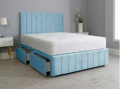 Comfy Deluxe 6Ft Superking Panel Sky Blue Plush Divan Bed Set Headboard & Footboard 0 Drawers - image 1
