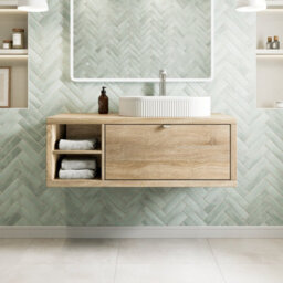 Aveli 1100mm Countertop Bathroom Vanity Unit Fluted Basin Sink Wall Hung Lh Shelves Oak
