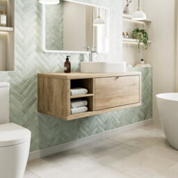 Affine 1100mm Countertop Bathroom Vanity Unit Fluted Basin Sink Wall Hung Lh Shelves Oak - thumbnail 2