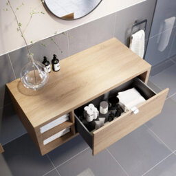 Affine 1100mm Countertop Bathroom Vanity Unit Fluted Basin Sink Wall Hung Lh Shelves Oak - thumbnail 3