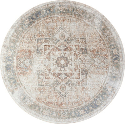 Livabliss Round Lillian-Washable Brown Blue Traditional Vintage Boho Living Dining Rug 200 X 200 Cm Easy Care, Non Shedding - image 1