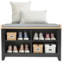 Taylor & Brown Black Storage Bench With Cushion, 4-Shelf Shoe Storage Bench With Seat, Padded Entryway Shoe Changing Stool