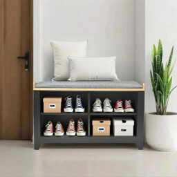 Taylor & Brown Black Storage Bench With Cushion, 4-Shelf Shoe Storage Bench With Seat, Padded Entryway Shoe Changing Stool - thumbnail 2