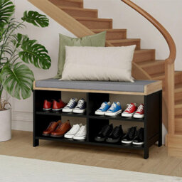 Taylor & Brown Black Storage Bench With Cushion, 4-Shelf Shoe Storage Bench With Seat, Padded Entryway Shoe Changing Stool - thumbnail 3