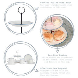 Nicola Spring Farmhouse Cake Stand - White Porcelain Rustic Country Cottage Afternoon Tea Stand With Rolled Rims & Hoop Handle - thumbnail 6