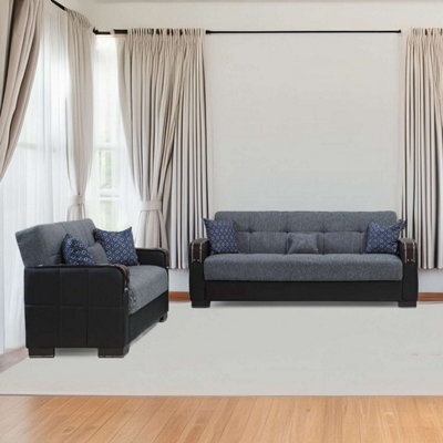Sliding Wardrobes 4 u LTD Modern Fabric Sofa Bed With Storage - 3 Or 2 Seater With Cushions And Wooden Armrests (Black/grey,3 Seater) - image 1