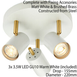 Led Tilting Ceiling Spotlight White & Brass Triple Warm White Kitchen Down Light - thumbnail 2