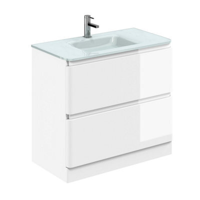 Plum&clay Marvel Gloss White Floor Standing Bathroom Vanity Unit With White Glass Basin (W)900mm - image 1