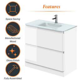 Plum&clay Marvel Gloss White Floor Standing Bathroom Vanity Unit With White Glass Basin (W)900mm - thumbnail 6