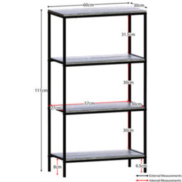 Lassic Vida Designs Brooklyn Grey 4 Tier Bookcase Industrial Freestanding Shelving Unit (H)1110mm (W)600mm (D)300mm - thumbnail 2