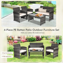 Costway 4 Pcs Patio Furniture Set Pe Rattan Outdoor Sofas W/ Cushions & Coffee Table - thumbnail 6