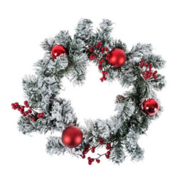 Homescapes Frosted Large Artificial Fir Branch Christmas Wreath With Red Baubles, 19 Inch - thumbnail 1