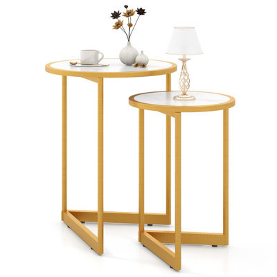 Costway Round Nesting Side Table Set Of 2 Stacking Coffee Tables White & Gold - image 1