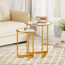 Costway Round Nesting Side Table Set Of 2 Stacking Coffee Tables White & Gold - thumbnail 3