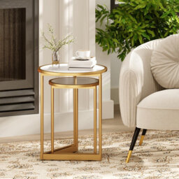 Costway Round Nesting Side Table Set Of 2 Stacking Coffee Tables White & Gold - thumbnail 4