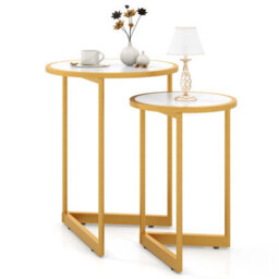 Costway Round Nesting Side Table Set Of 2 Stacking Coffee Tables White & Gold - thumbnail 1