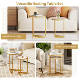 Costway Round Nesting Side Table Set Of 2 Stacking Coffee Tables White & Gold - thumbnail 9