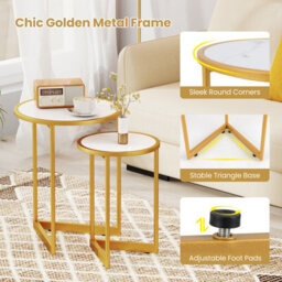 Costway Round Nesting Side Table Set Of 2 Stacking Coffee Tables White & Gold - thumbnail 8