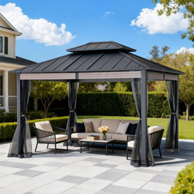 Sunjoy 3.6M X 3M Heavy-Duty Hardtop Gazebo With Mosquito Netting & Wood-Look Beams - image 1