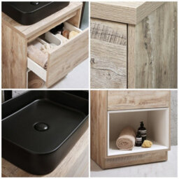 Homestylestore Light Oak 600mm Bathroom Vanity Unit Rectangular Countertop Graphite Basin Open Shelf - thumbnail 2