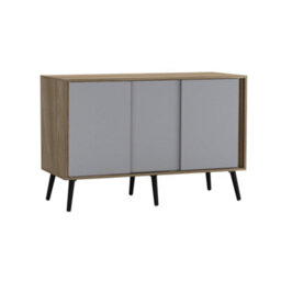 Urbn-Living Urbnliving 3-Door Sliding Cabinet Sideboard Oak Carcass With Grey Doors Storage Organiser Home Cupboard Black Wooden Legs