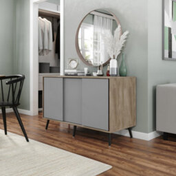 Urbn-Living Urbnliving 3-Door Sliding Cabinet Sideboard Oak Carcass With Grey Doors Storage Organiser Home Cupboard Black Wooden Legs - thumbnail 2
