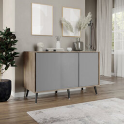 Urbn-Living Urbnliving 3-Door Sliding Cabinet Sideboard Oak Carcass With Grey Doors Storage Organiser Home Cupboard Black Wooden Legs - thumbnail 3