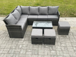 Fimous Rattan Lounge Corner Sofa Set Wicker Pe Outdoor Garden Furniture Set With Rectangular Coffee Table 3 Small Footstools - thumbnail 2