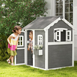 Outsunny Wooden Wendy House For Kids With Floor, For Gardens, Patios - Grey - thumbnail 1