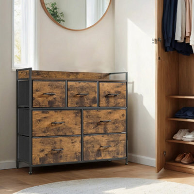 LEDREM Songmics Chest Of Drawers, Bedroom Cabinet, 7 Fabric With Handles, Metal Frame, Rustic Brown And Ink Black Lts 137 B 01