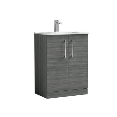 Balterley  Contemporary Bathroom 2 Soft Close Door & Minimalist Floor Standing Vanity Unit Basin, Anthracite Woodgrain, 600mm - image 1