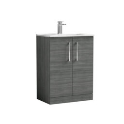 Balterley  Contemporary Bathroom 2 Soft Close Door & Minimalist Floor Standing Vanity Unit Basin, Anthracite Woodgrain, 600mm - thumbnail 1