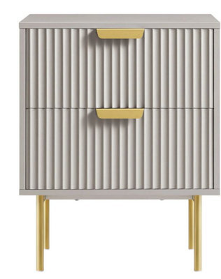 Home Treats Ridged Bedside Table Taupe Wooden 2 Drawer Side Table Gold Handles 63 X 50 X 40 Cm - image 1
