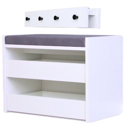 Novecrafto White Shoe Racks Storage Bench With Wall-Mounted Coat Stand - Grey Cushion Shoe Storage Seat - Wallet And Key Holder Organizer - image 1