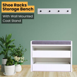 Novecrafto White Shoe Racks Storage Bench With Wall-Mounted Coat Stand - Grey Cushion Shoe Storage Seat - Wallet And Key Holder Organizer - thumbnail 2