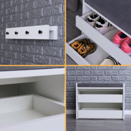 Novecrafto White Shoe Racks Storage Bench With Wall-Mounted Coat Stand - Grey Cushion Shoe Storage Seat - Wallet And Key Holder Organizer - thumbnail 7