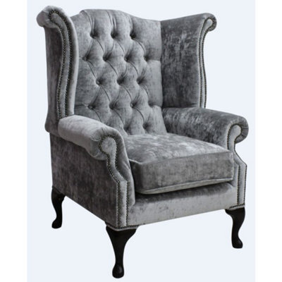 Chesterfield High Back Wing Chair Modena Silver Velvet Bespoke In Queen Anne Style - image 1