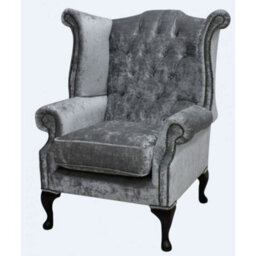 Chesterfield High Back Wing Chair Modena Silver Velvet Bespoke In Queen Anne Style - thumbnail 3