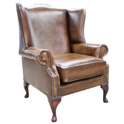 Chesterfield Flat Wing Saxon High Back Chair Antique Tan Real Leather In Mallory Style - image 1