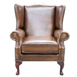 Chesterfield Flat Wing Saxon High Back Chair Antique Tan Real Leather In Mallory Style - thumbnail 2